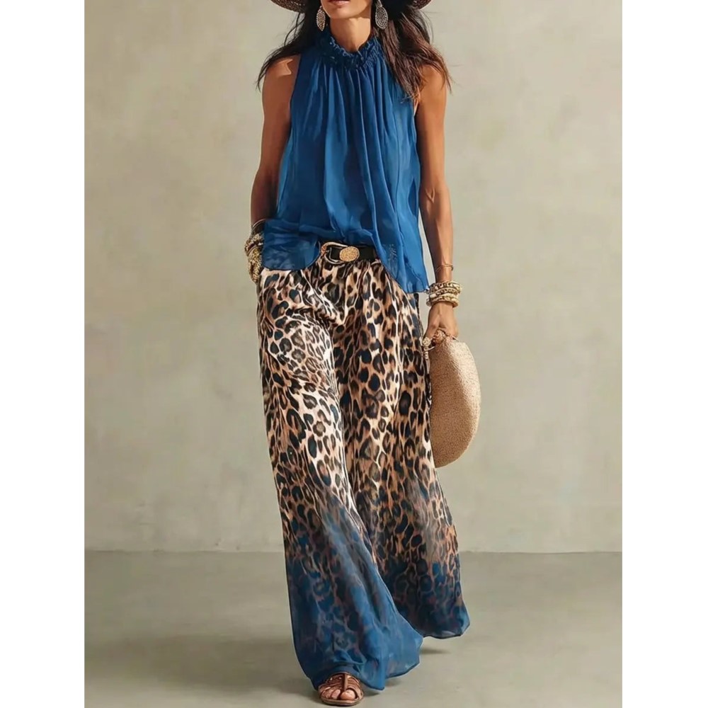 Wide Leg Palazzo Pants - Women's Suit Printed Leopard Print Gradient
