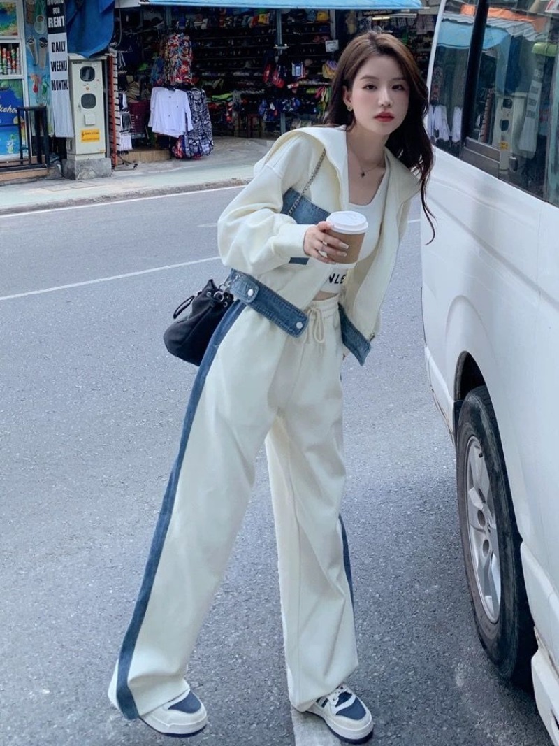 Wide Leg Palazzo Pants - Sweater Denim Splicing Casual Sports Suit