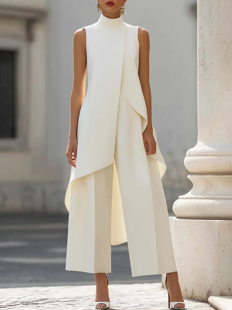Wide Leg Palazzo Pants - Women Stand Neck Sleeveless Layered Long