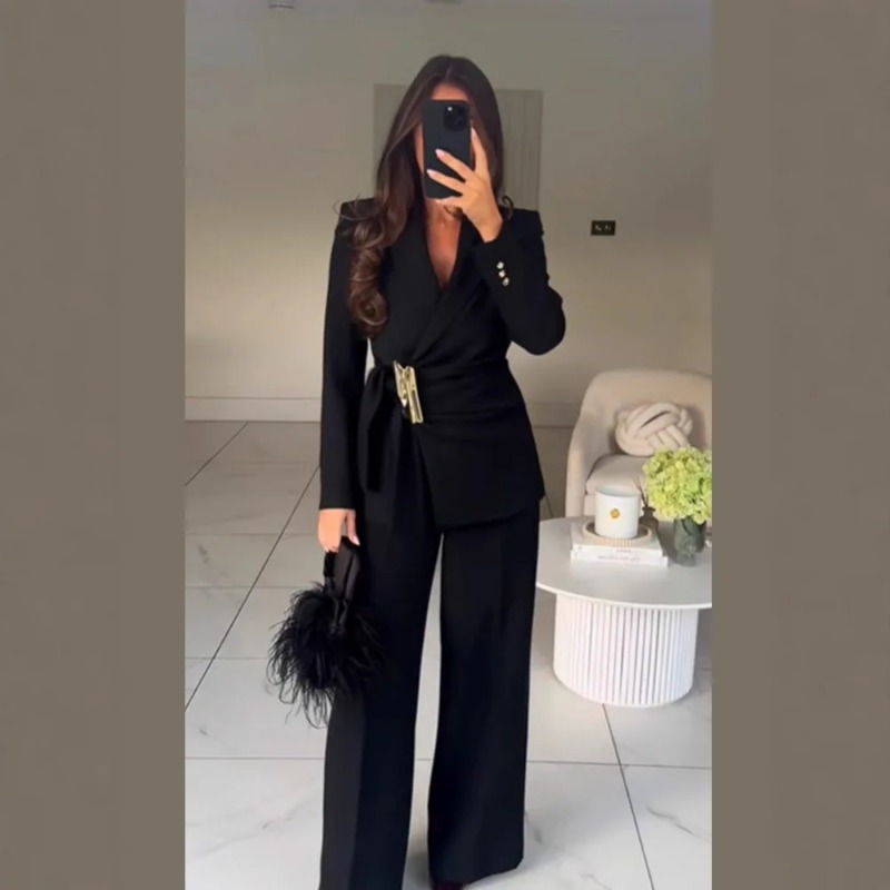 Wide Leg Palazzo Pants - Women's Suit Pants Two-Piece Set Buckle