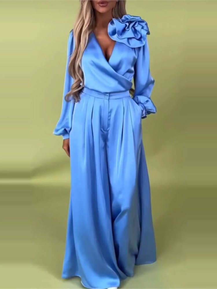 Wide Leg Palazzo Pants - Fashion Solid Color Satin Long Sleeve