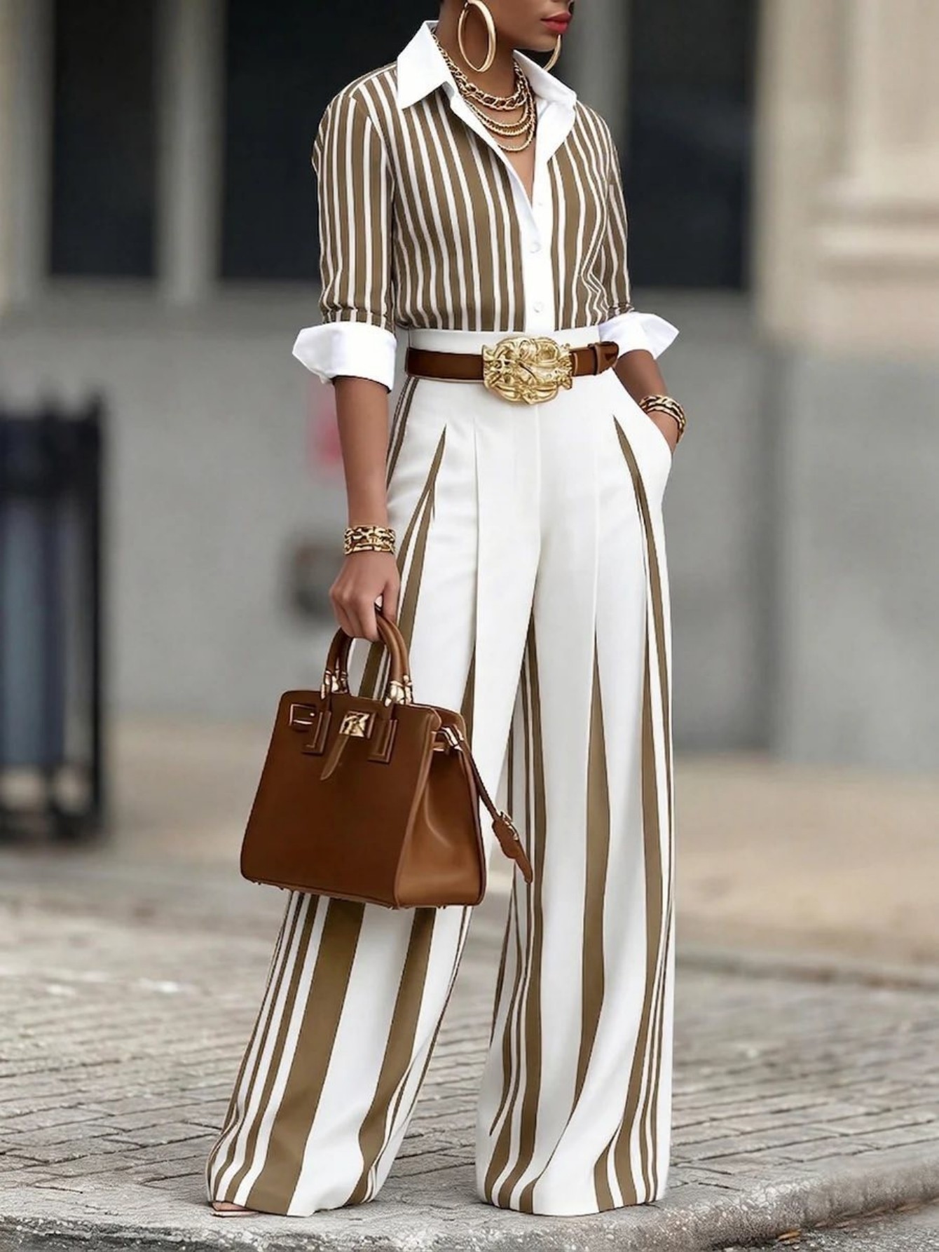 Women Fashion 2-Piece Set Stri - Wide Leg Palazzo Pants recension och pris
