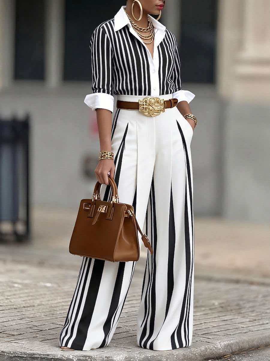 Women Fashion 2-Piece Set Stri - Wide Leg Palazzo Pants recension och pris